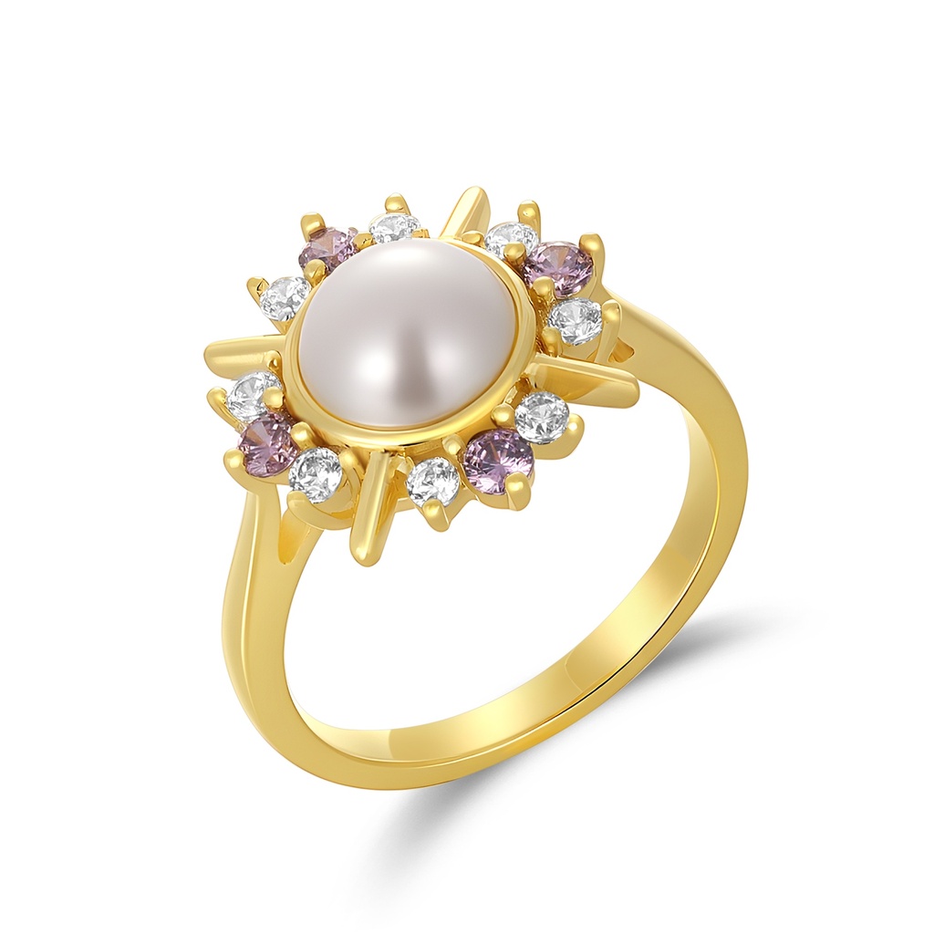 Radiant Pearl Sunburst Brass Ring with Crystal Accents