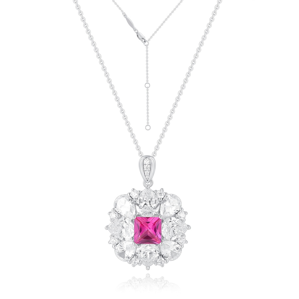 Radiant Pink Square Centerpiece Pendant on Polished Stainless Steel Chain