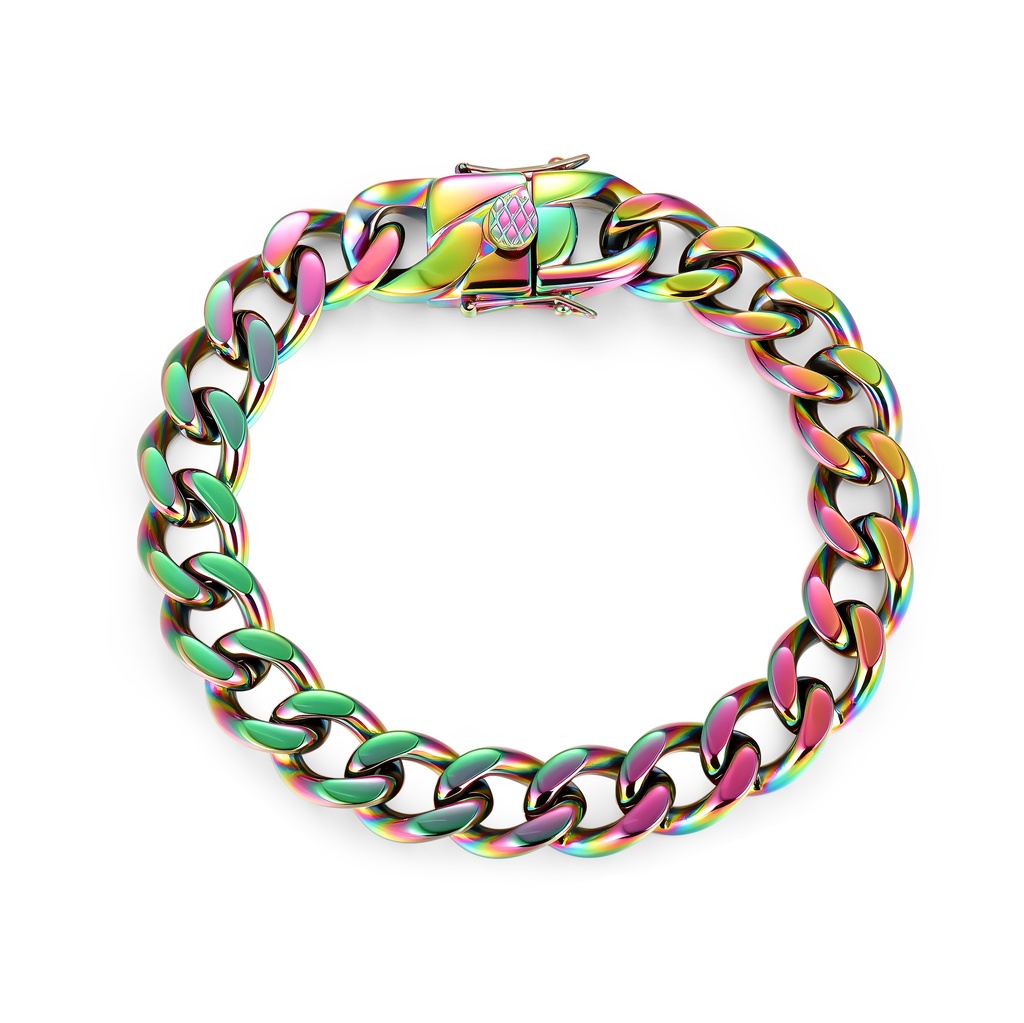 Rainbow-Plated Stainless Steel Cuban Chain Bracelet with Box Clasp