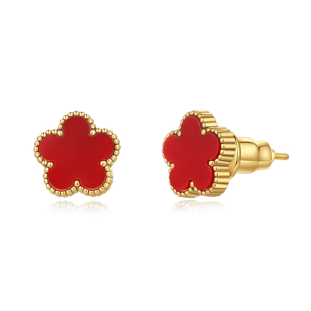 Red Clover Stainless Steel Stud Earrings with Gold Beaded Trim