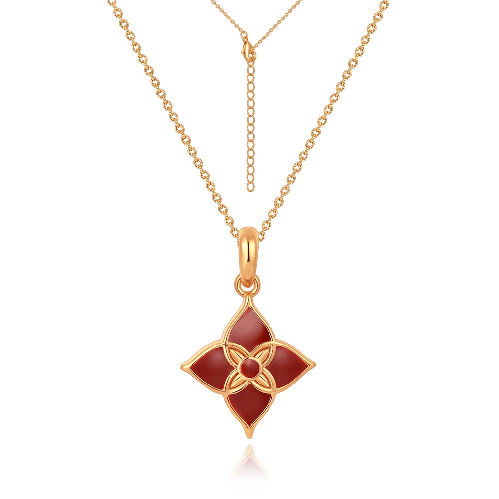 Red Enamel Floral Pendant Necklace with Classic Gold Plating