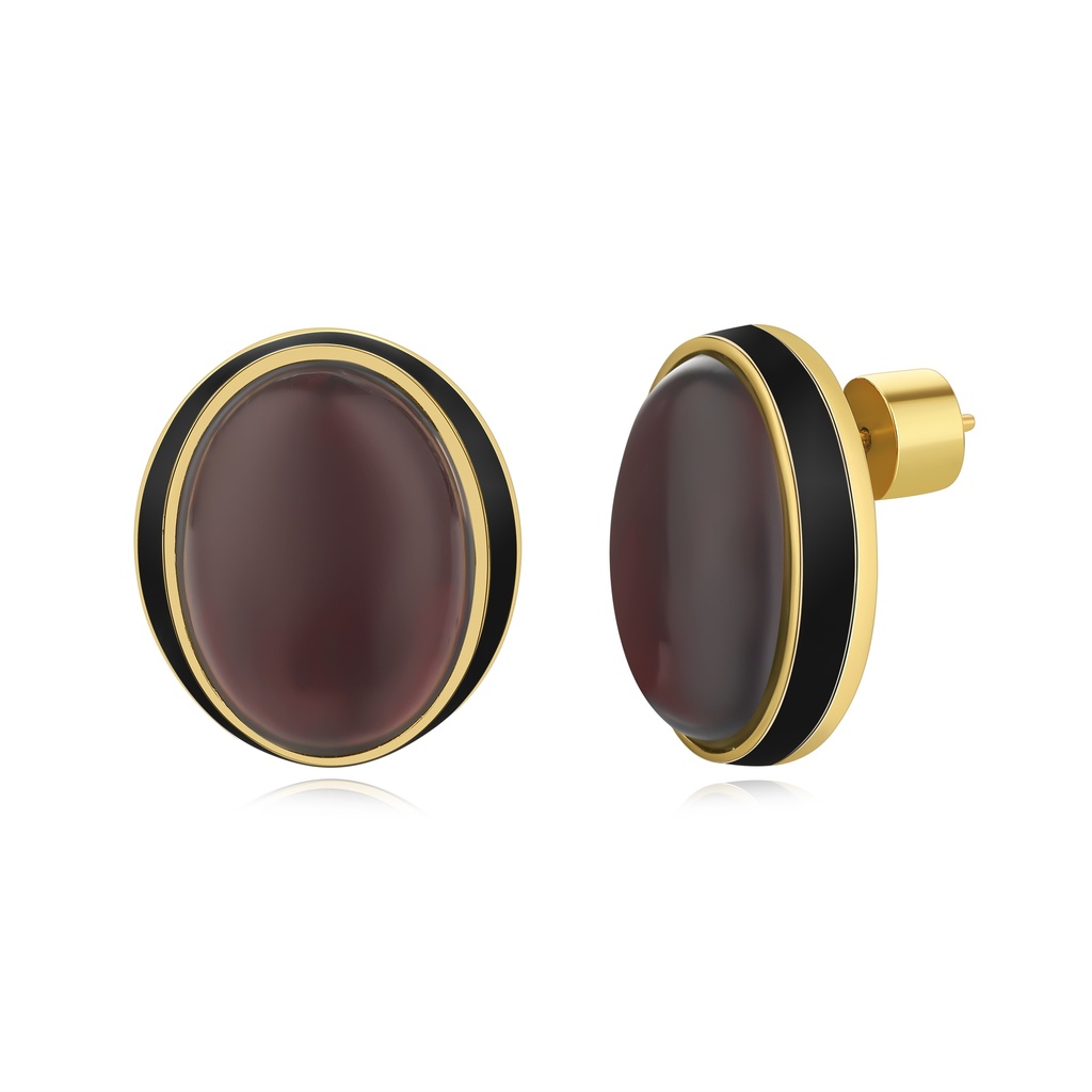 Retro-Inspired Red Oval Stud Earrings With Black Enamel Detail