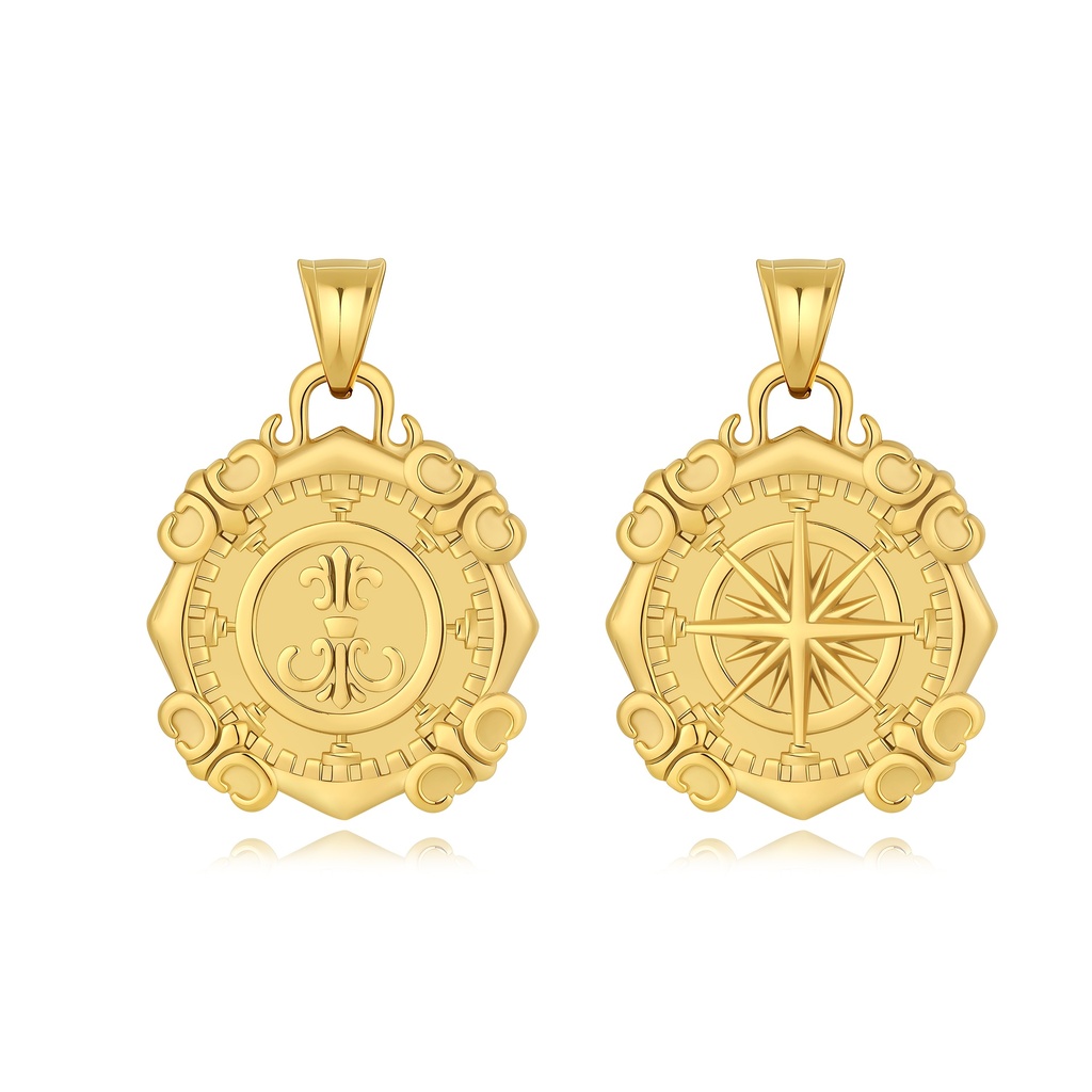 Reversible Gold Pendant – Compass & Fleur-de-Lis, Directional Elegance