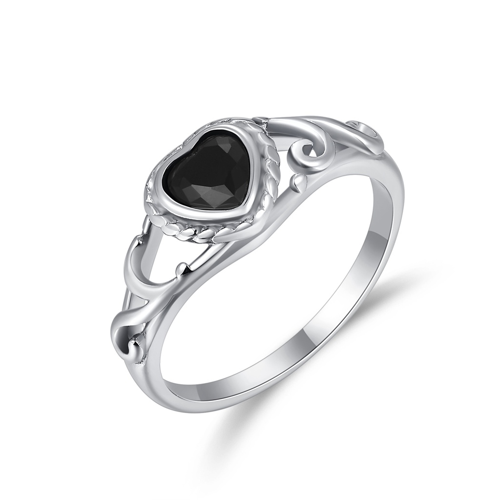 Romantic Black Heart Stainless Steel Ring with Twisted Vine Design