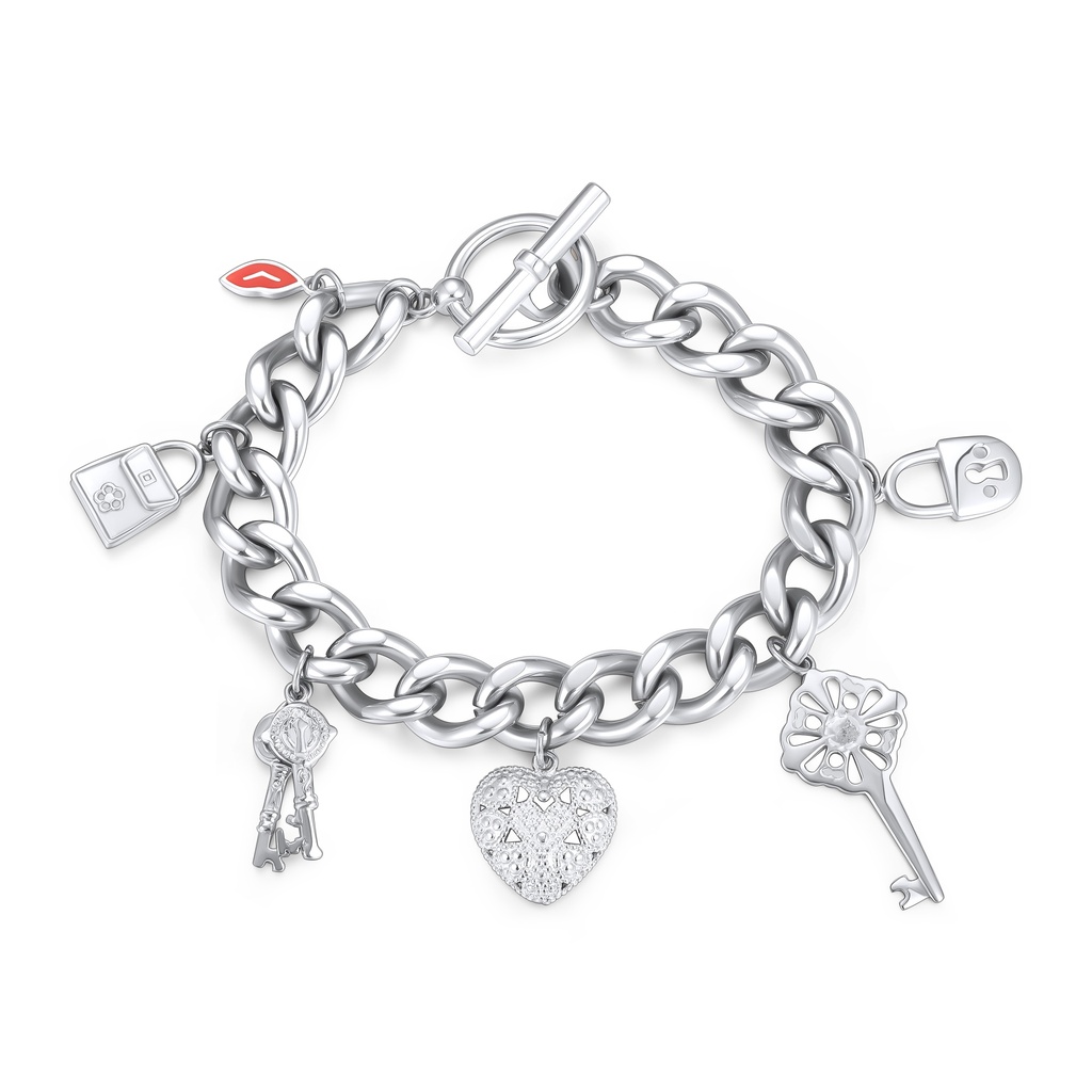 Romantic Charm Bracelet with Heart, Keys, and Lock Pendants