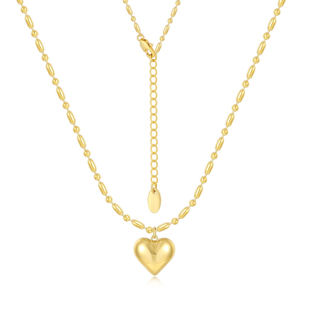 Romantic Double Chain Necklace with Puffy Gold Heart Pendant