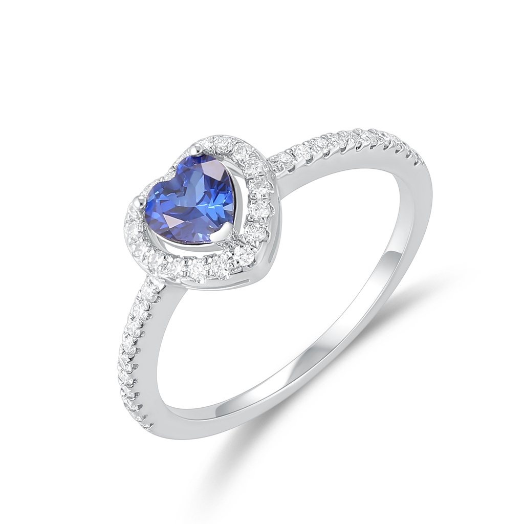 Romantic Heart-Shaped Blue Gem Ring with Sparkling Diamond Halo