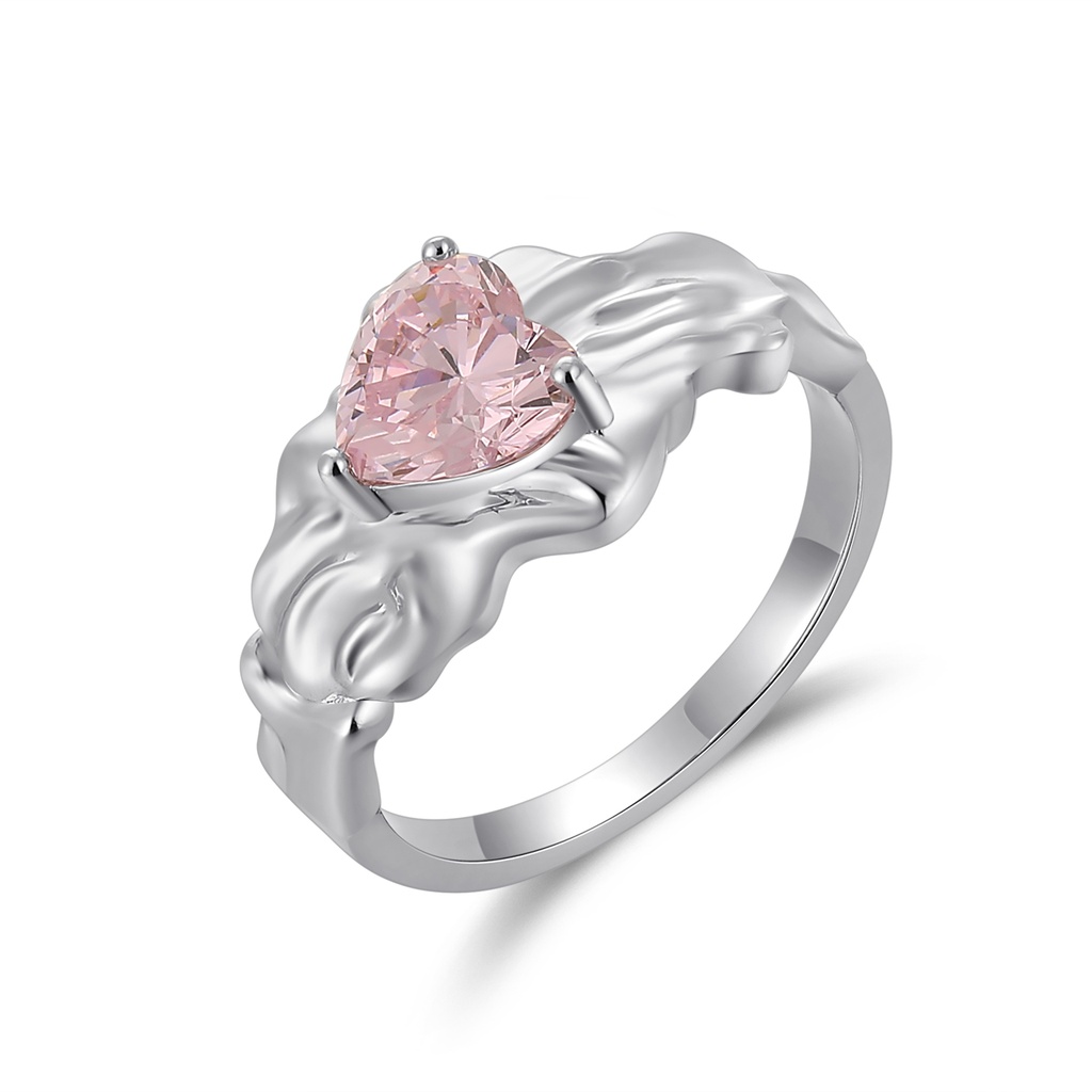 Romantic Heart-Shaped Pink Zircon Silver Statement Ring