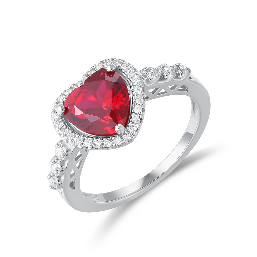Romantic Heart-Shaped Red Gemstone Ring with Diamond Halo