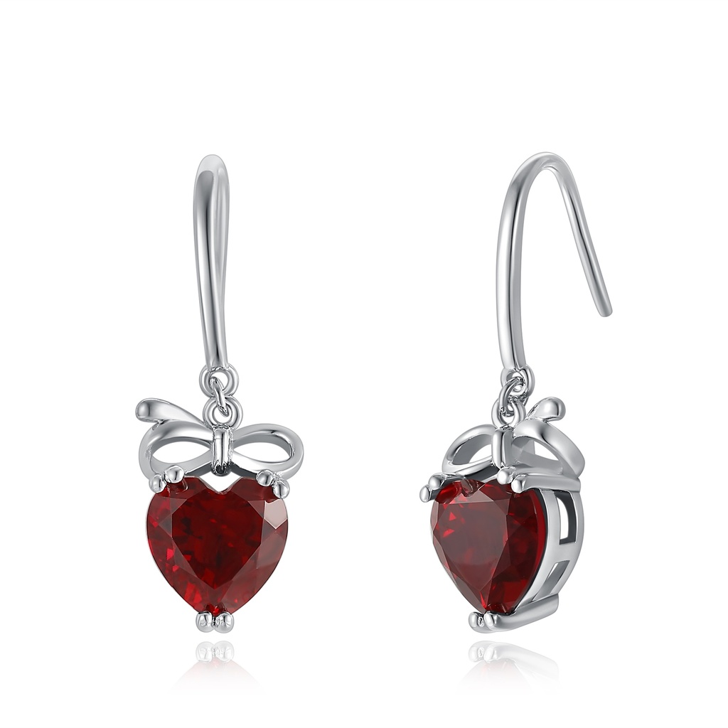 Romantic Stainless Steel Earrings with Red Heart Crystal and Bow