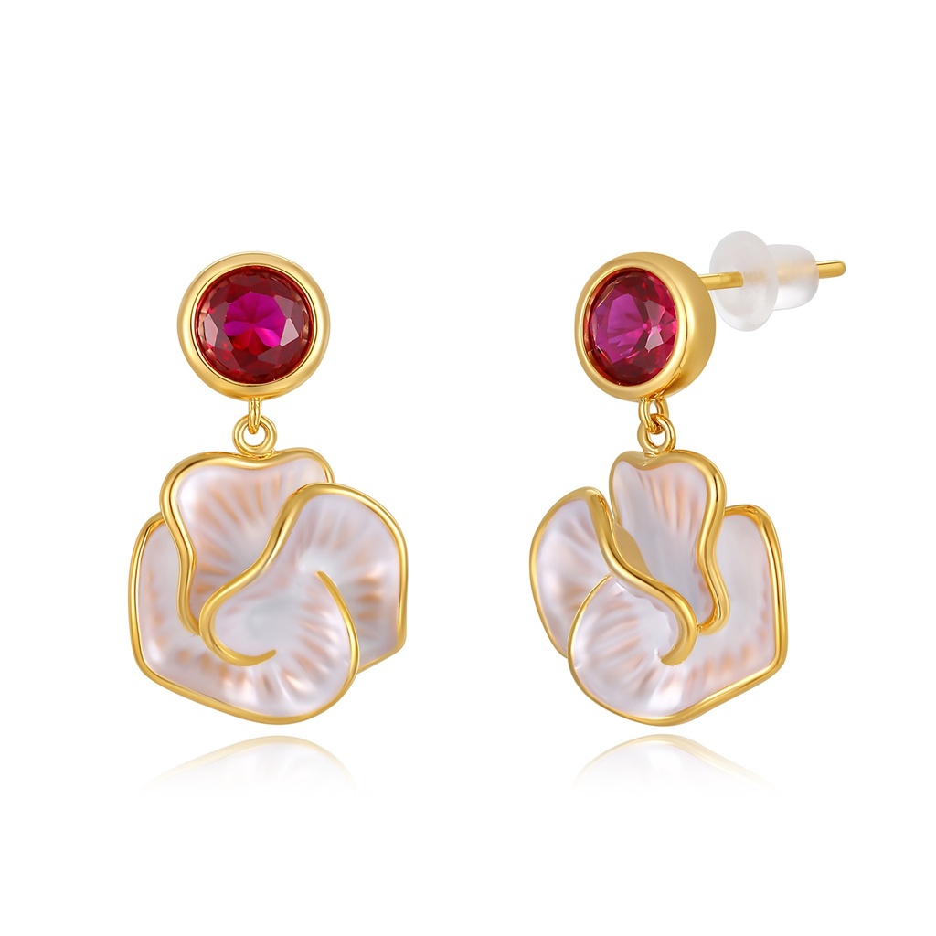 Romantic flower earrings with shell petals and red gemstone