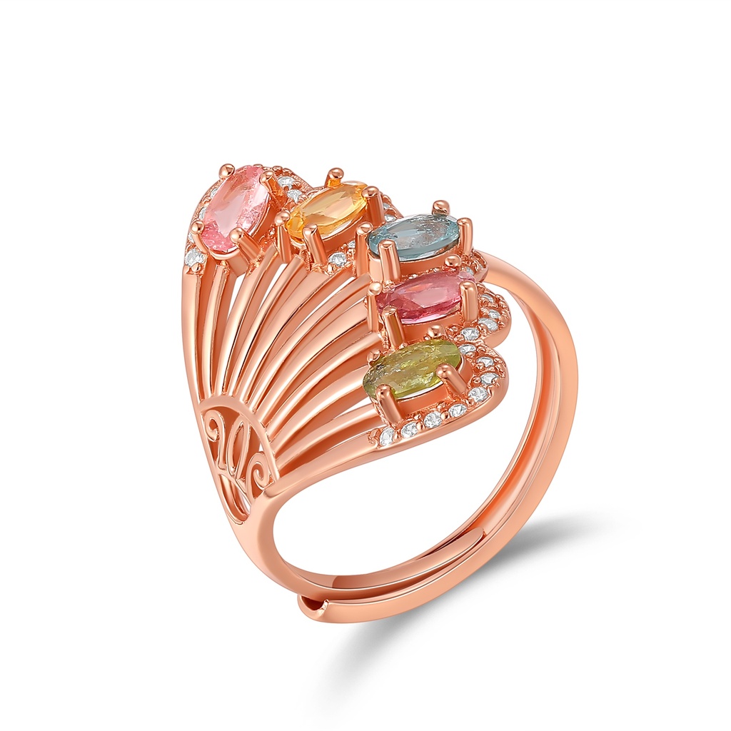 Rose Gold Fan-Shaped Multi-Gemstone Ring with Diamond Accents