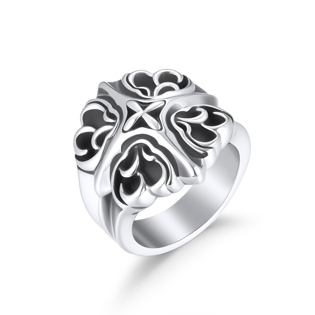 Bold Stainless Steel Gothic Cross Ring with Black Accents