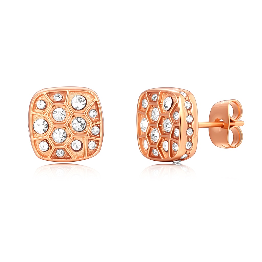Rose Gold Plated Honeycomb Stud Earrings with Clear Crystal Accents