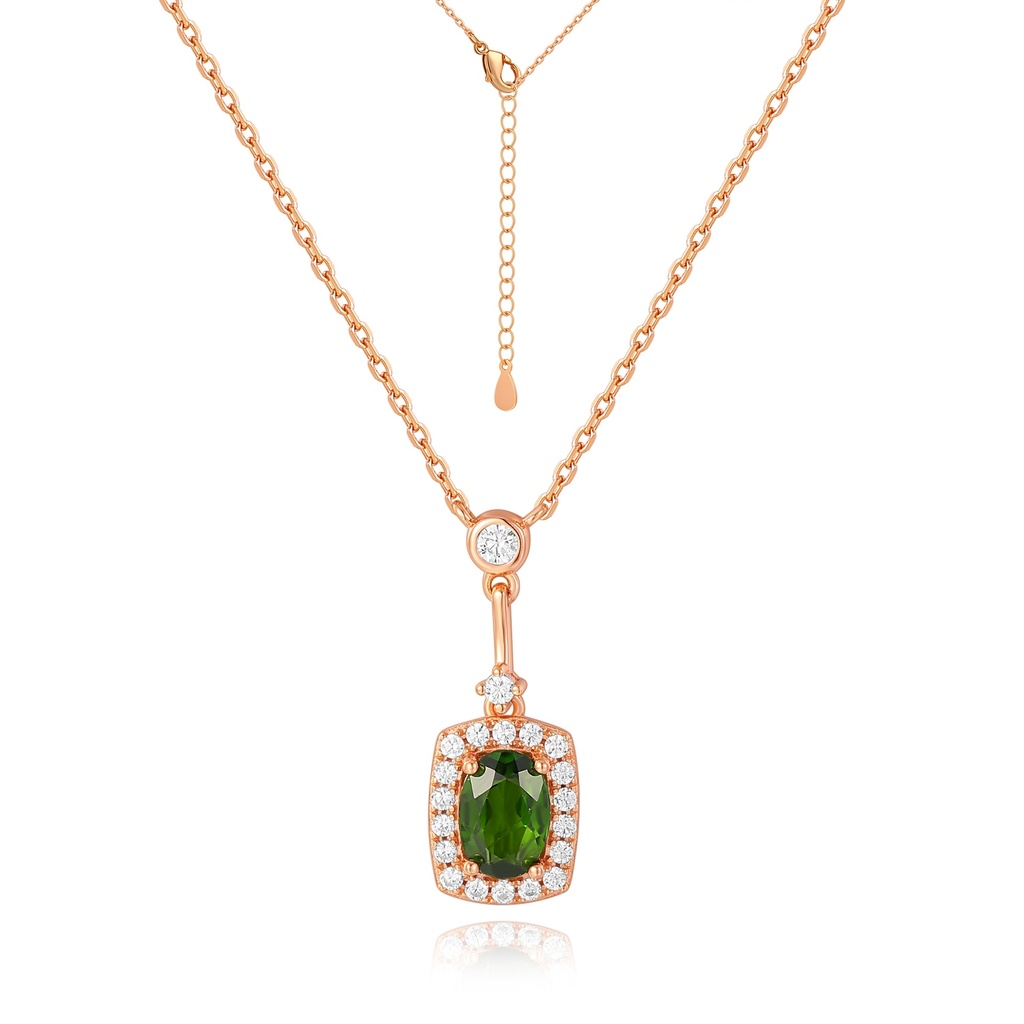 Rose Gold Plated Stainless Steel Necklace with Green Cushion Gemstone