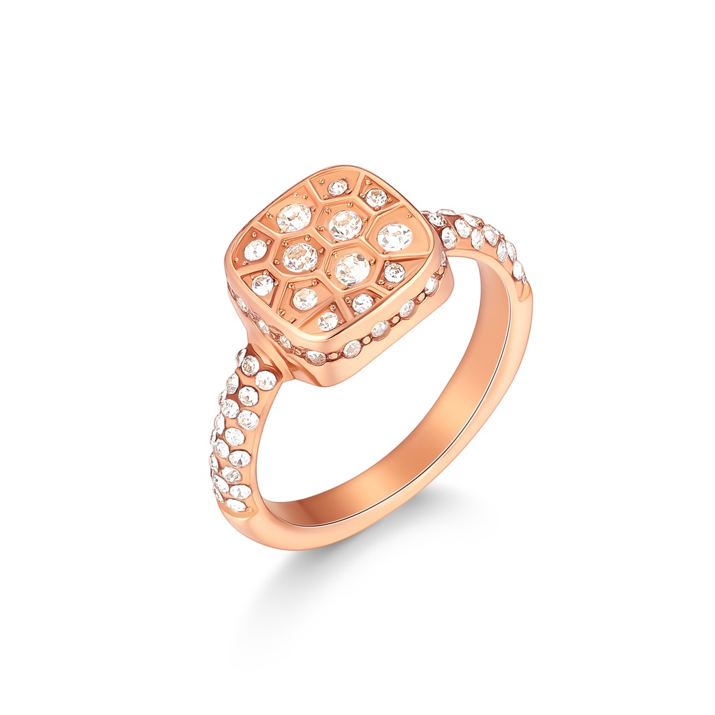 Rose Gold Plated Stainless Steel Ring with Crystal-Encrusted Cushion Top