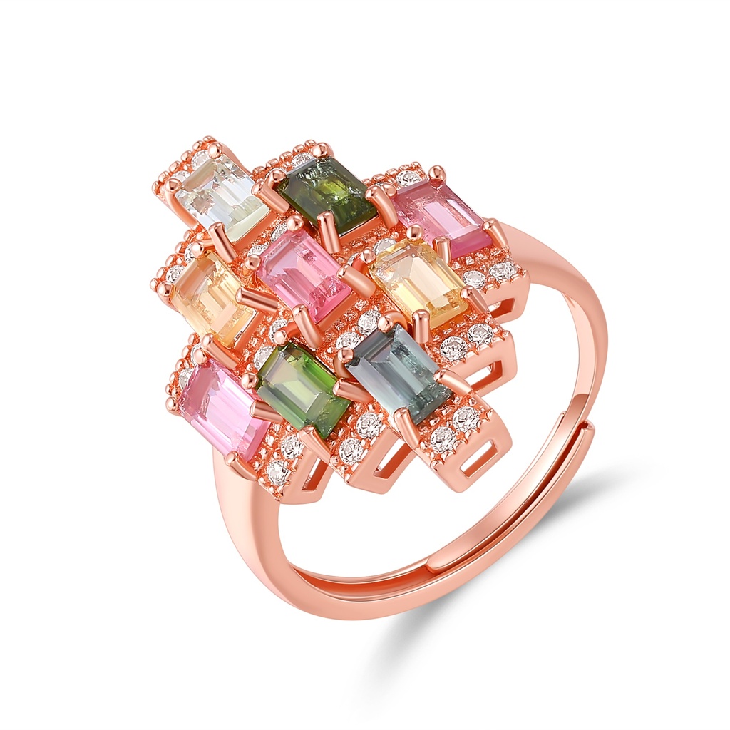Rose Gold Ring with Colorful Geometric Gemstones and Sparkling Accents