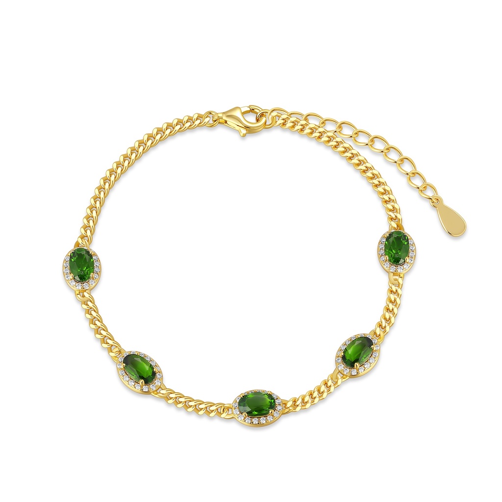 Adjustable Gold-Tone Stainless Steel Bracelet with Green Oval Halo Stations