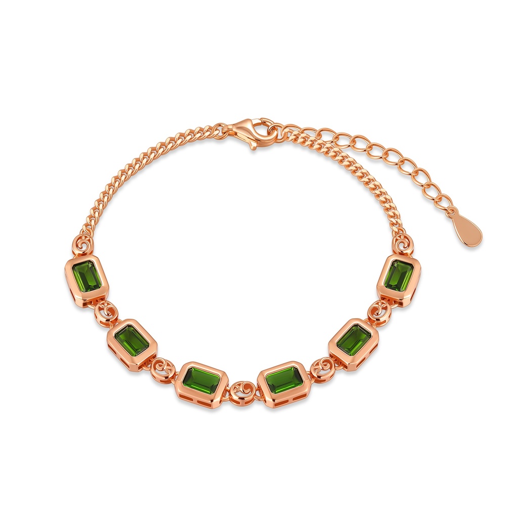 Rose Gold Stainless Steel Bracelet with Green Emerald-Cut CZ Stations