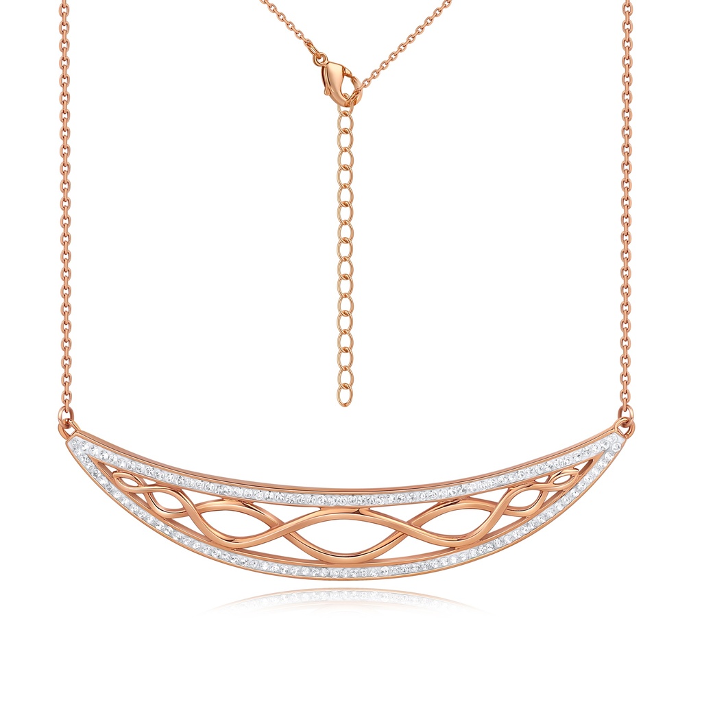 Rose Gold Stainless Steel Curved Bar Necklace with Crystals
