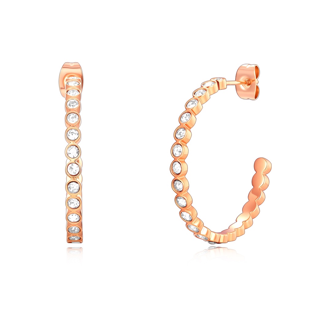 Rose Gold Stainless Steel Hoop Earrings with Sparkling Crystal Accents