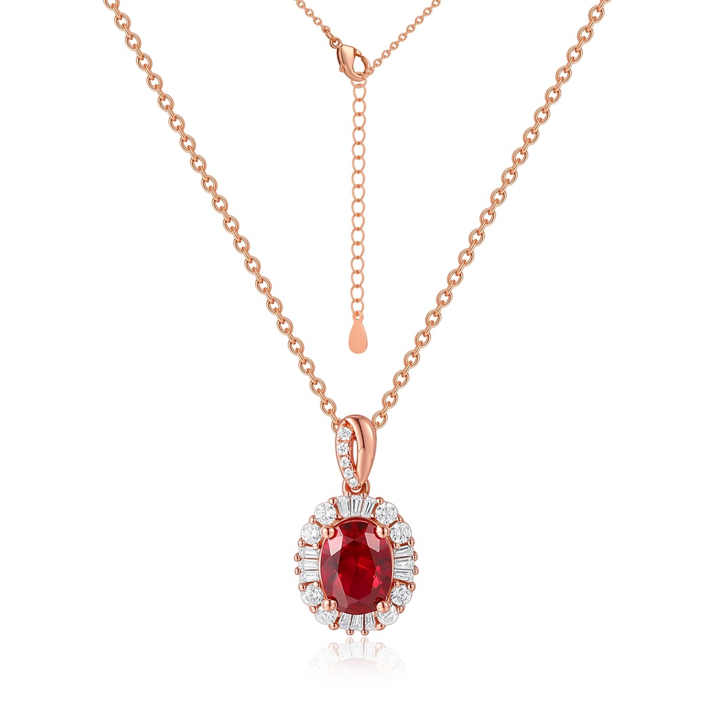Rose Gold Stainless Steel Necklace with Red Gemstone Crystal Halo