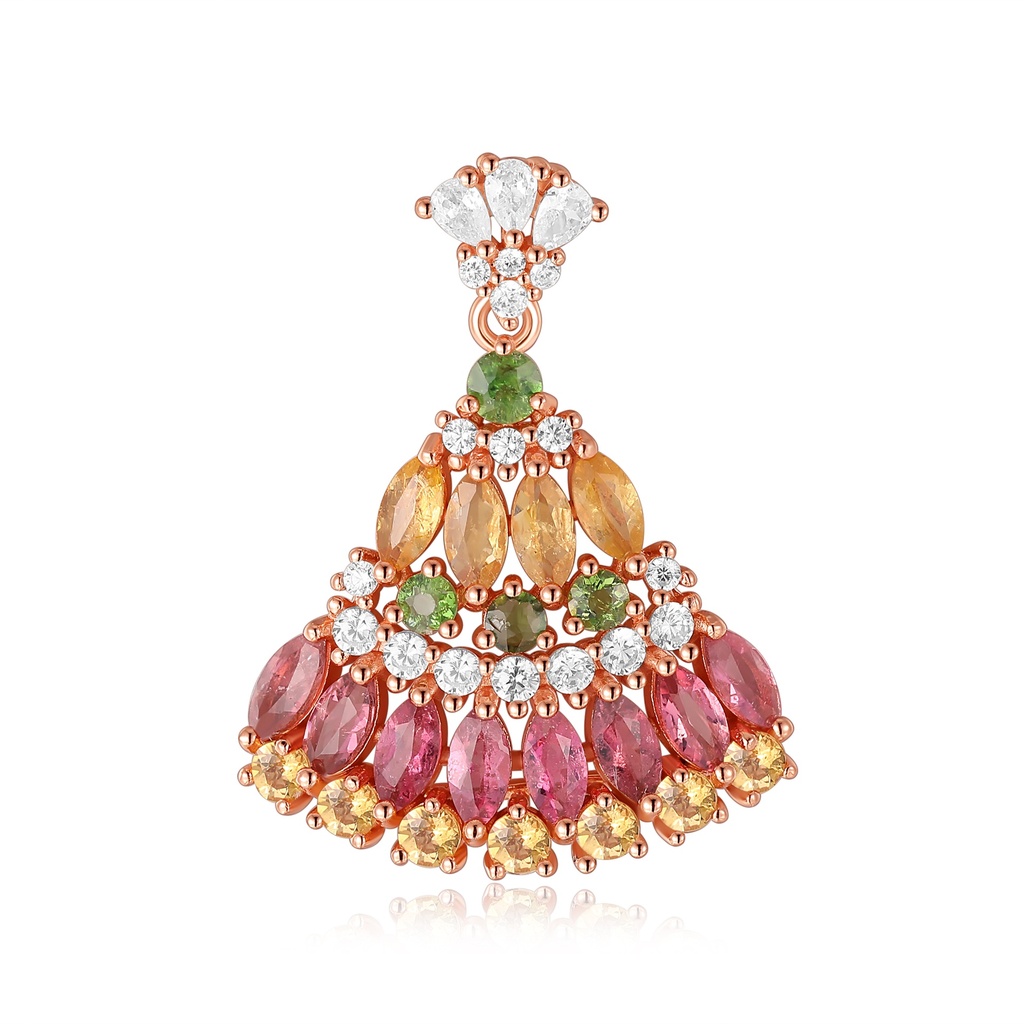 Rose Gold Stainless Steel Pendant with Multicolor Gemstone Fan Design