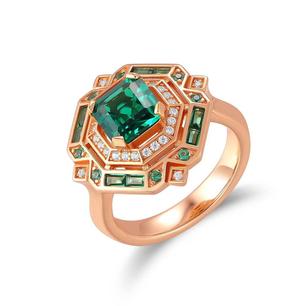 Rose Gold Stainless Steel Ring with Green Emerald Crystal