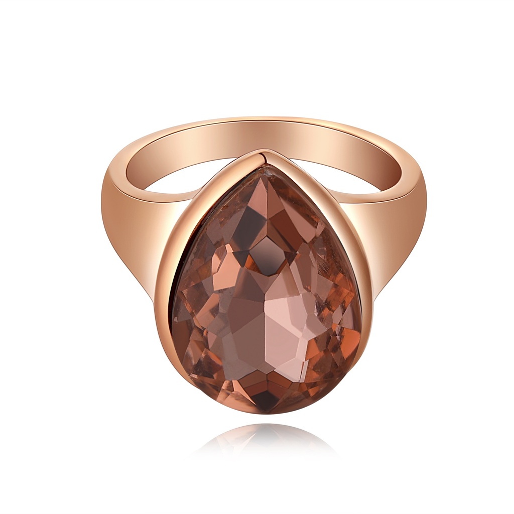 Rose Gold Stainless Steel Ring with Teardrop Brown Crystal