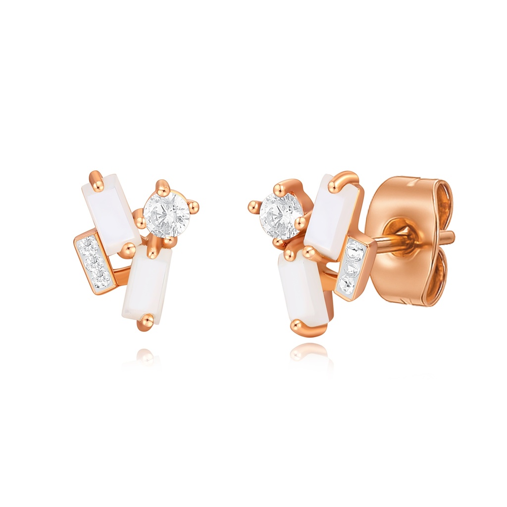 Rose Gold Stainless Steel Stud Earrings with Opal and Crystals