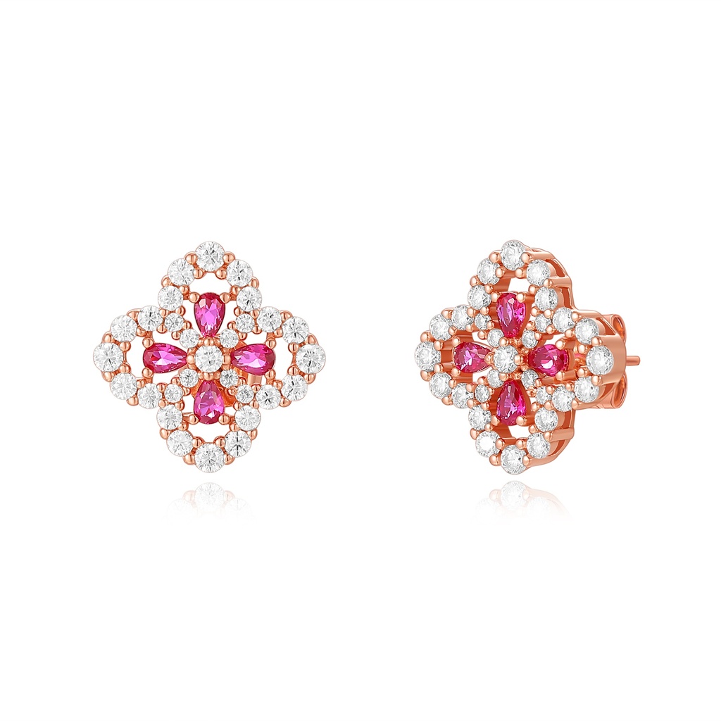 Rose Gold Stainless Steel Stud Earrings with Pink Crystal Flowers