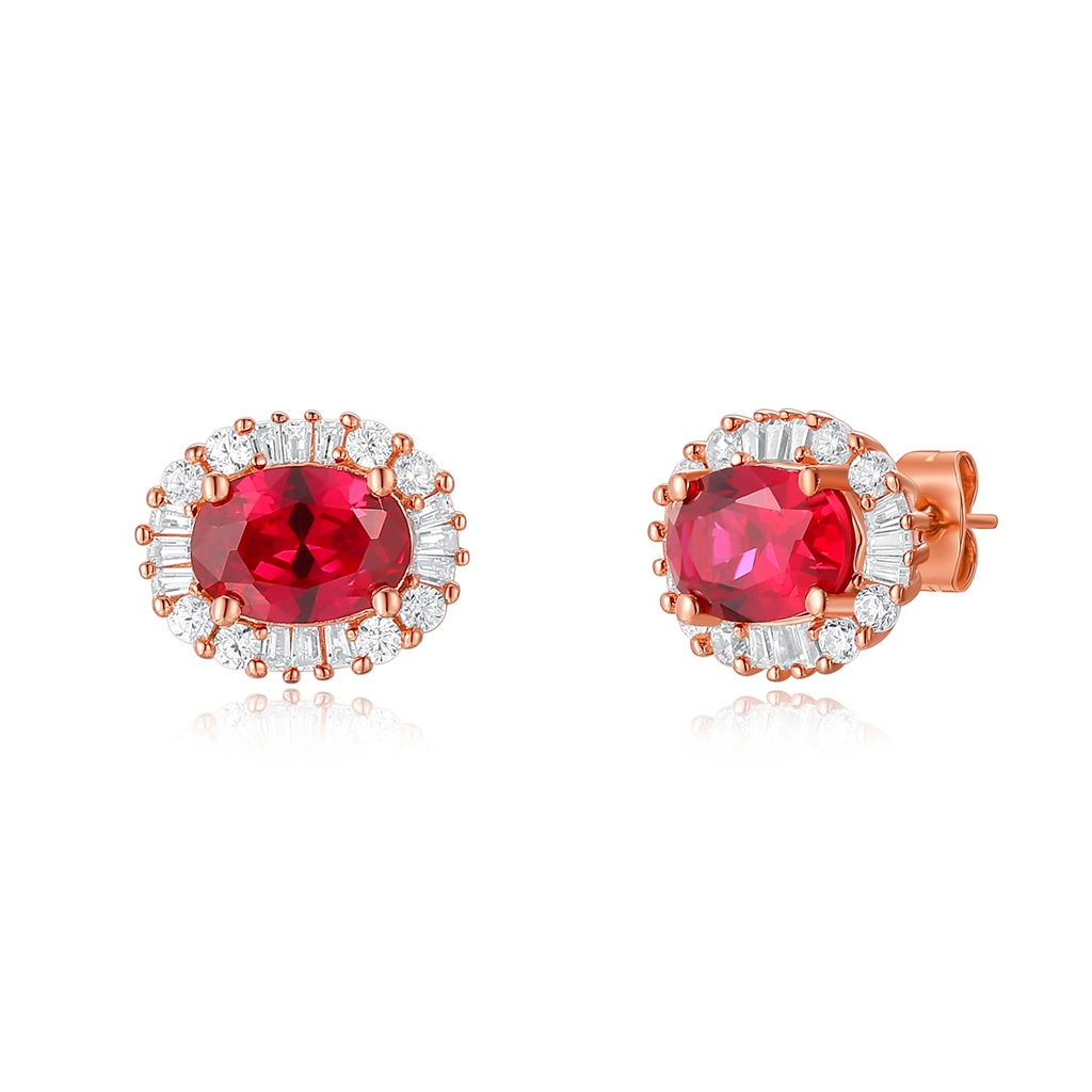 Rose Gold Stainless Steel Stud Earrings with Red Oval Gemstones