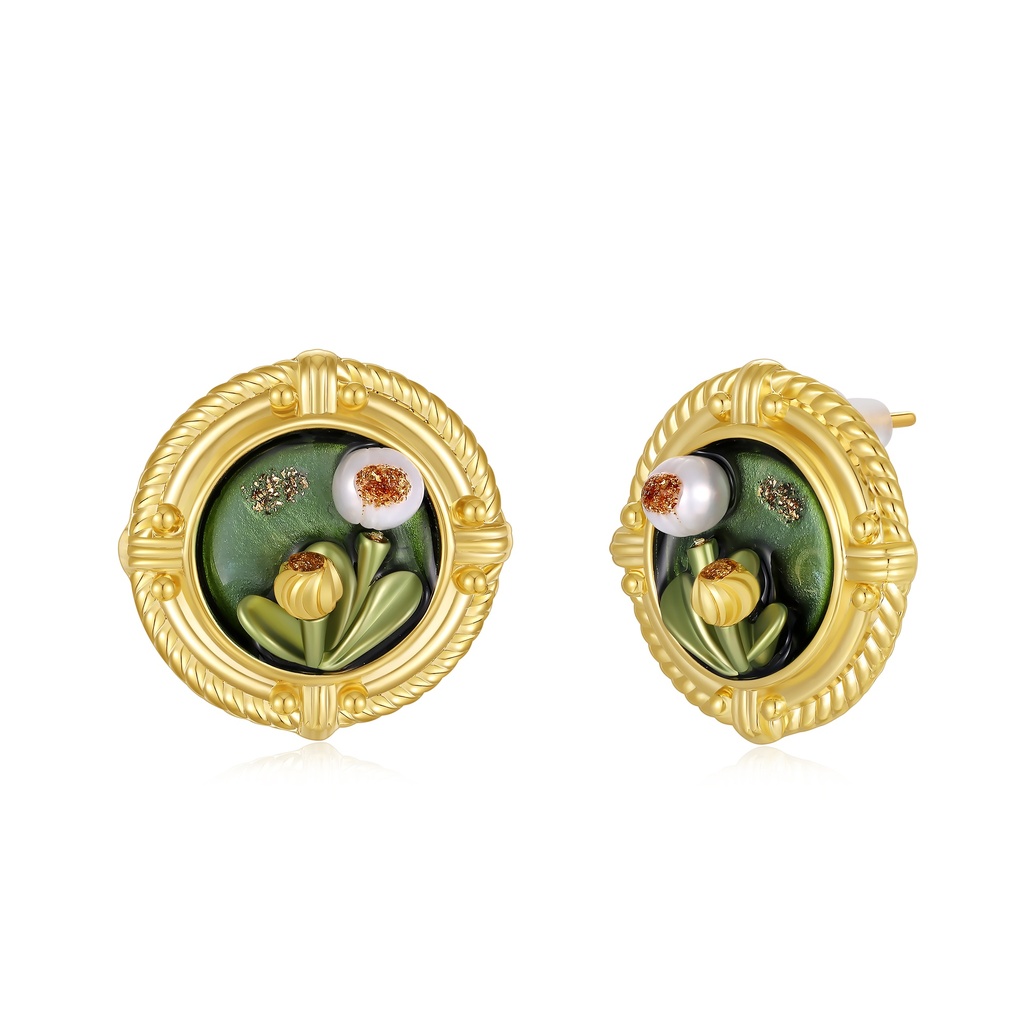 Round Botanical Frame Earrings with Pearl and Floral Design