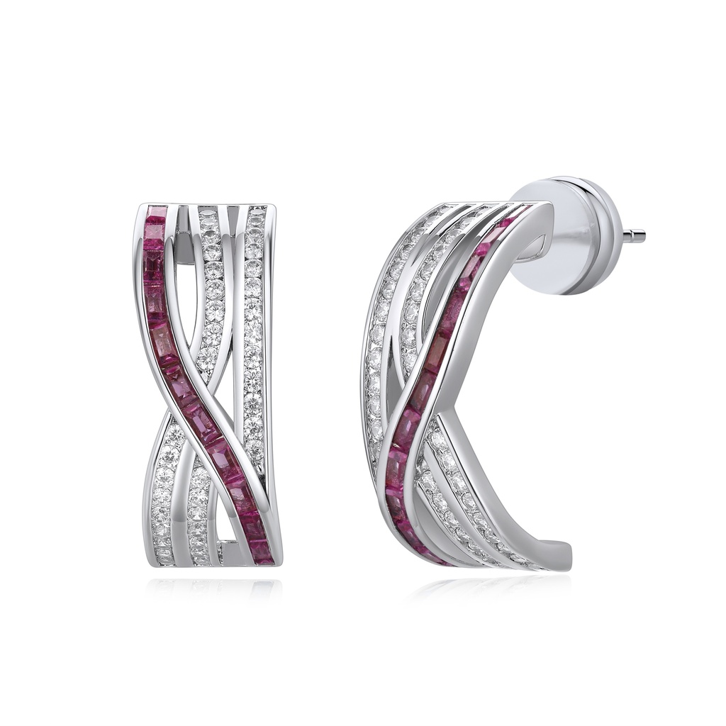 Ruby Red Curved Earrings With Crisscross CZ Accent Lines