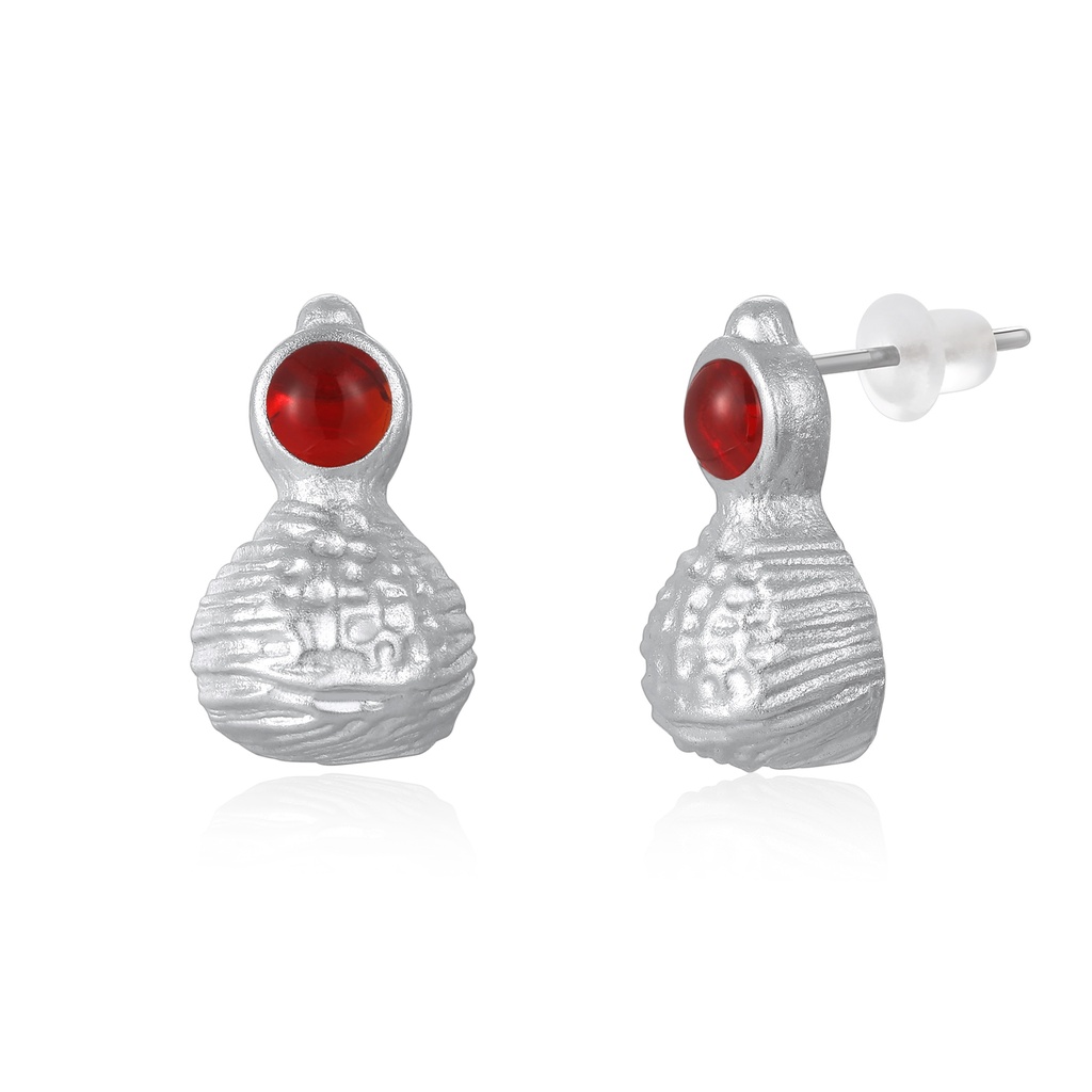 Rustic Gourd Stud Earrings with Red Cabochon Top