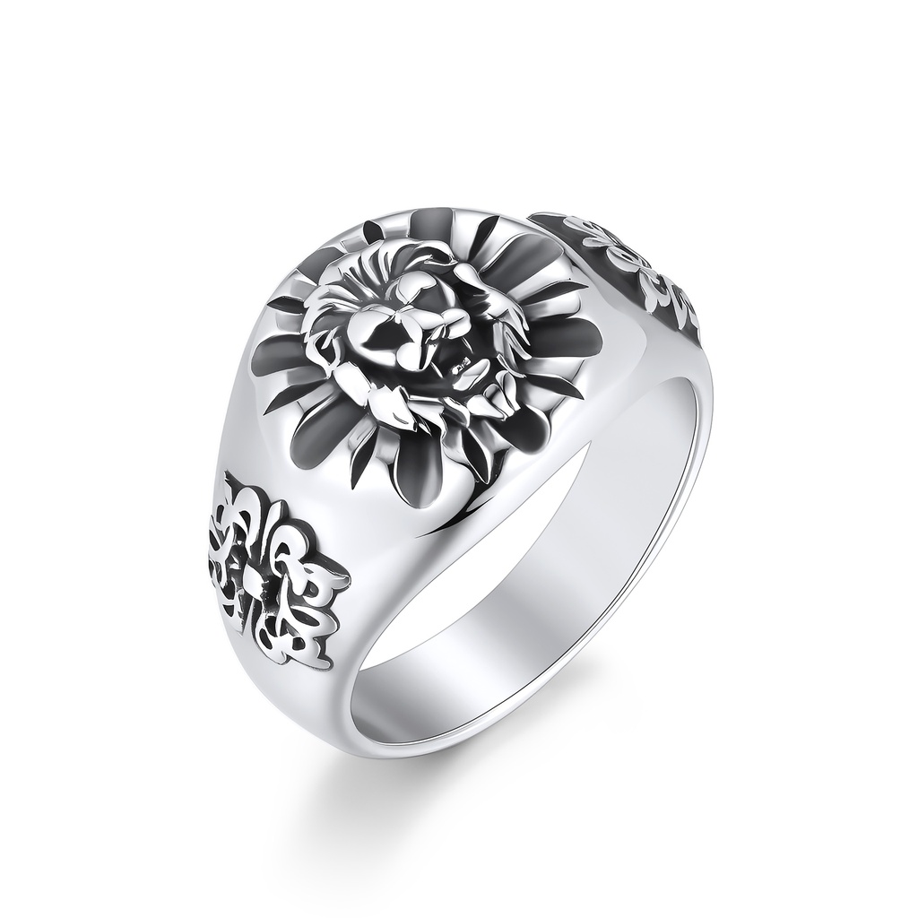 Bold Stainless Steel Lion Head Ring with Intricate Side Details