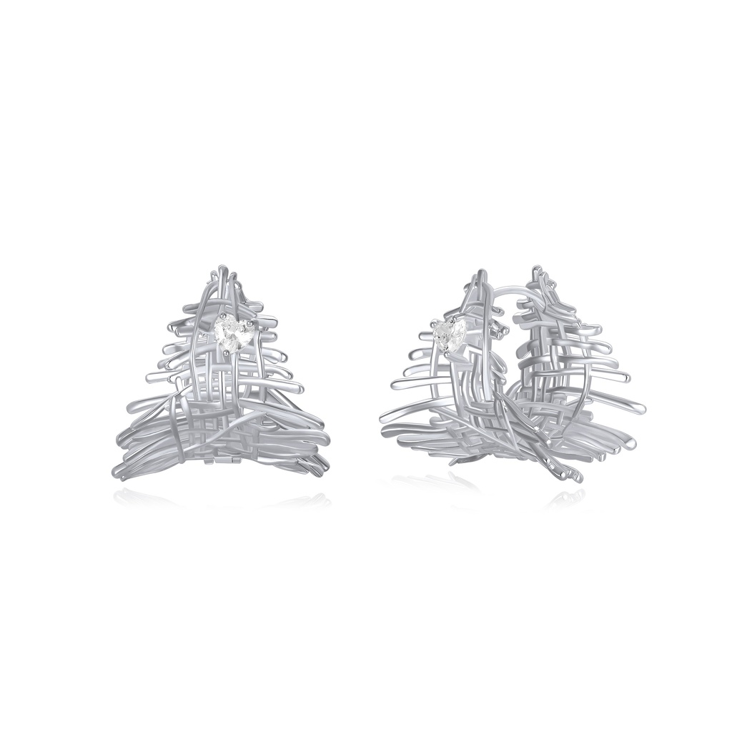 Sculptural Abstract Tree Earrings in Polished Silver Finish