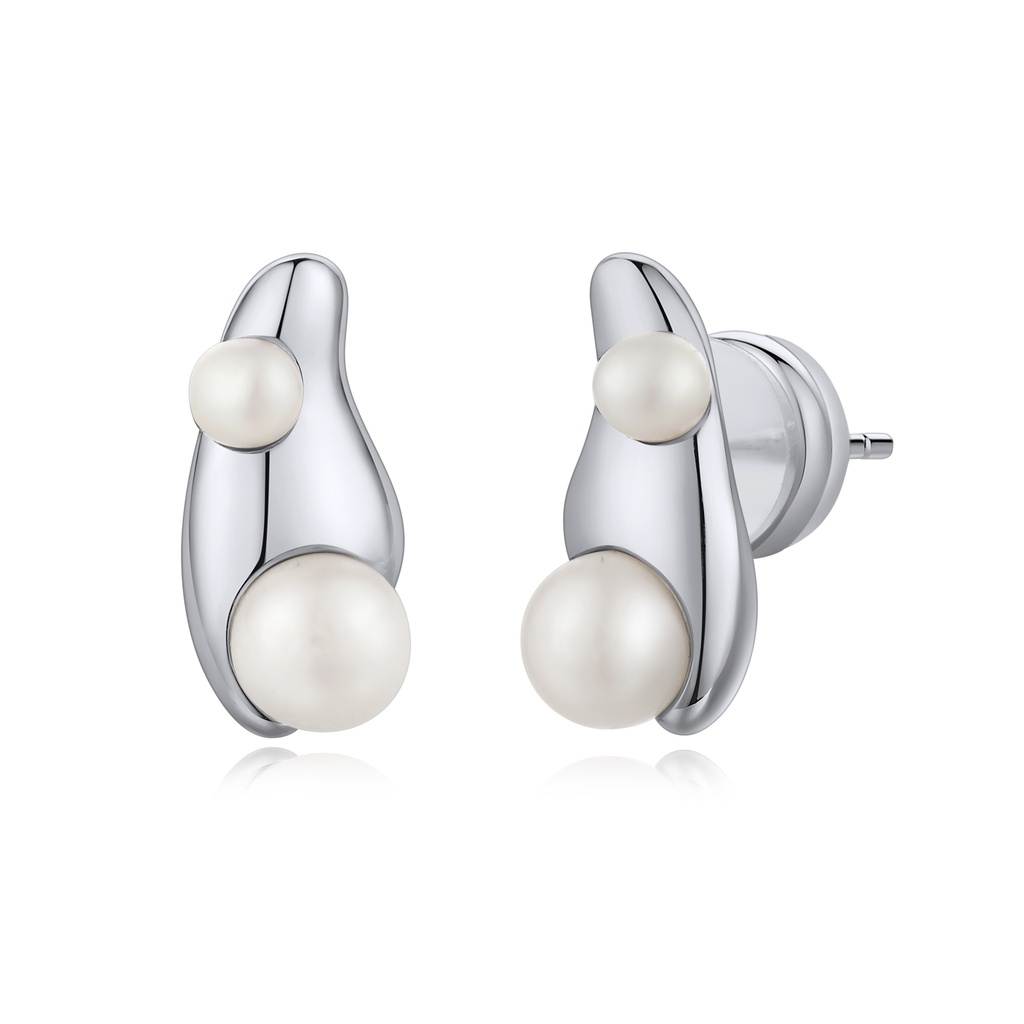 Sculptural Silver Brass Earrings with Dual Pearl Accents