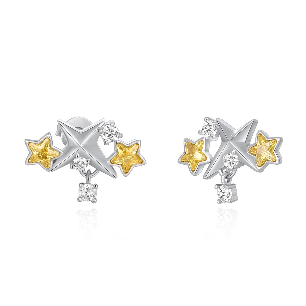 Shiny Silver and Yellow Star Earrings with Dangling Zircon Crystals