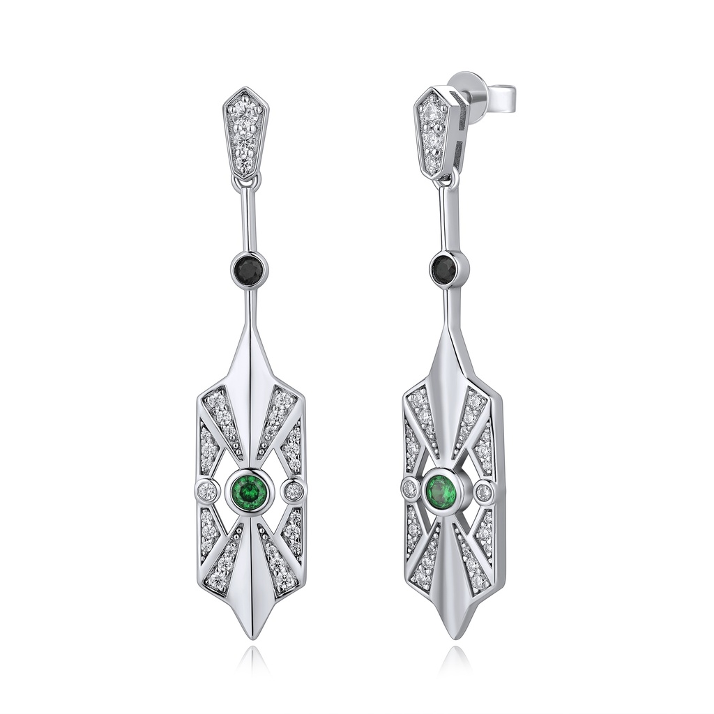 Silver Art Deco Drop Earrings with Green Center Crystal Highlight