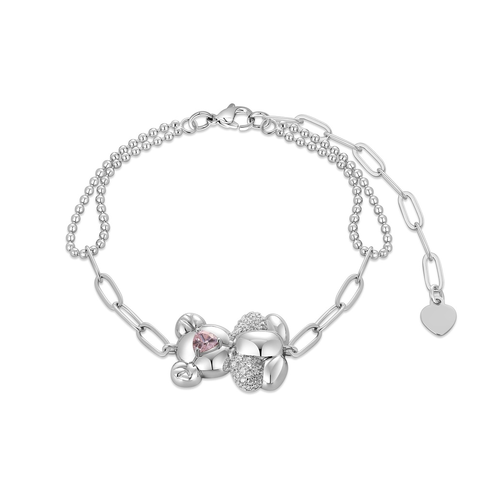Silver Balloon Dog Bear Bracelet with Pink Heart Crystal Accent