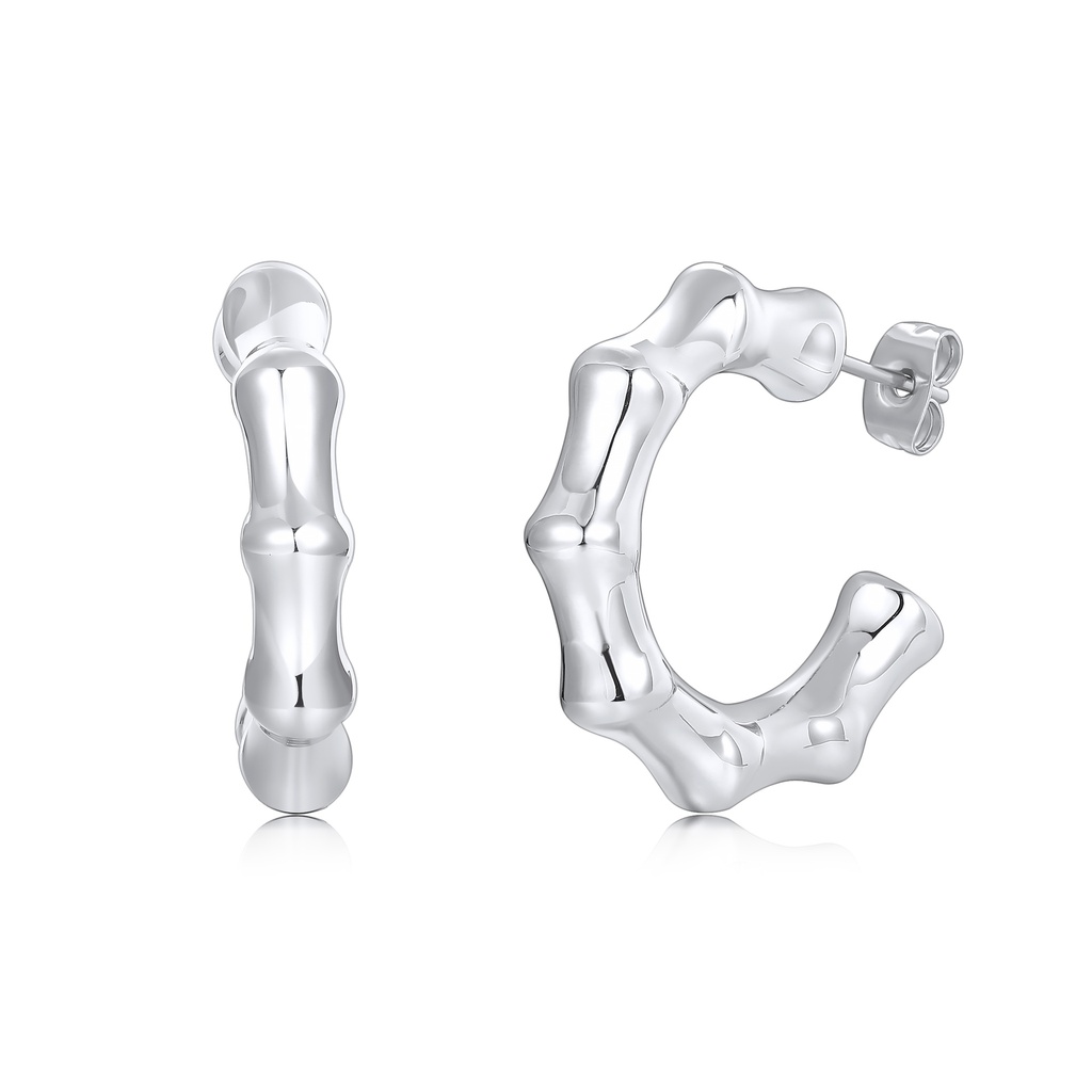 Silver Bamboo-Style Hoop Earrings Stainless Steel Unique Fashion Jewelry