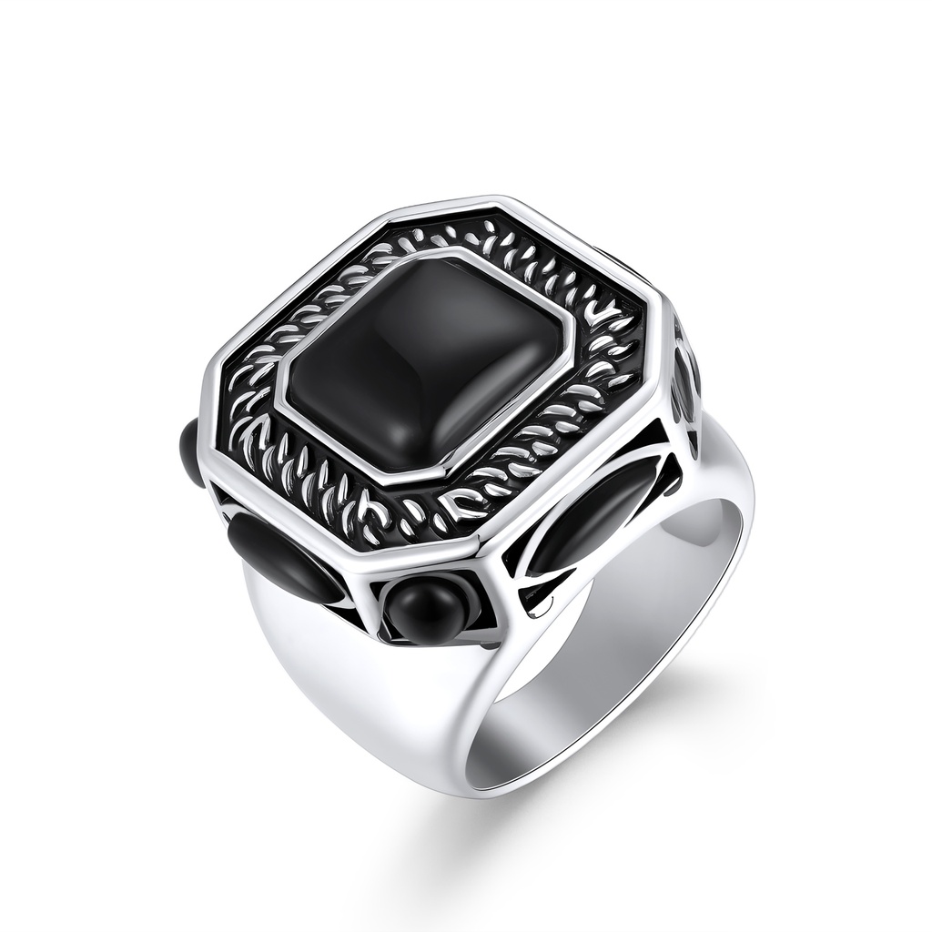 Bold Stainless Steel Ring with Black Onyx Square Centerpiece