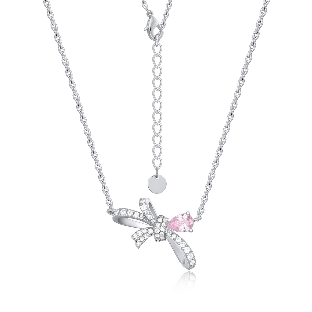 Silver Bow Pendant Necklace with Pink Gemstone Accent