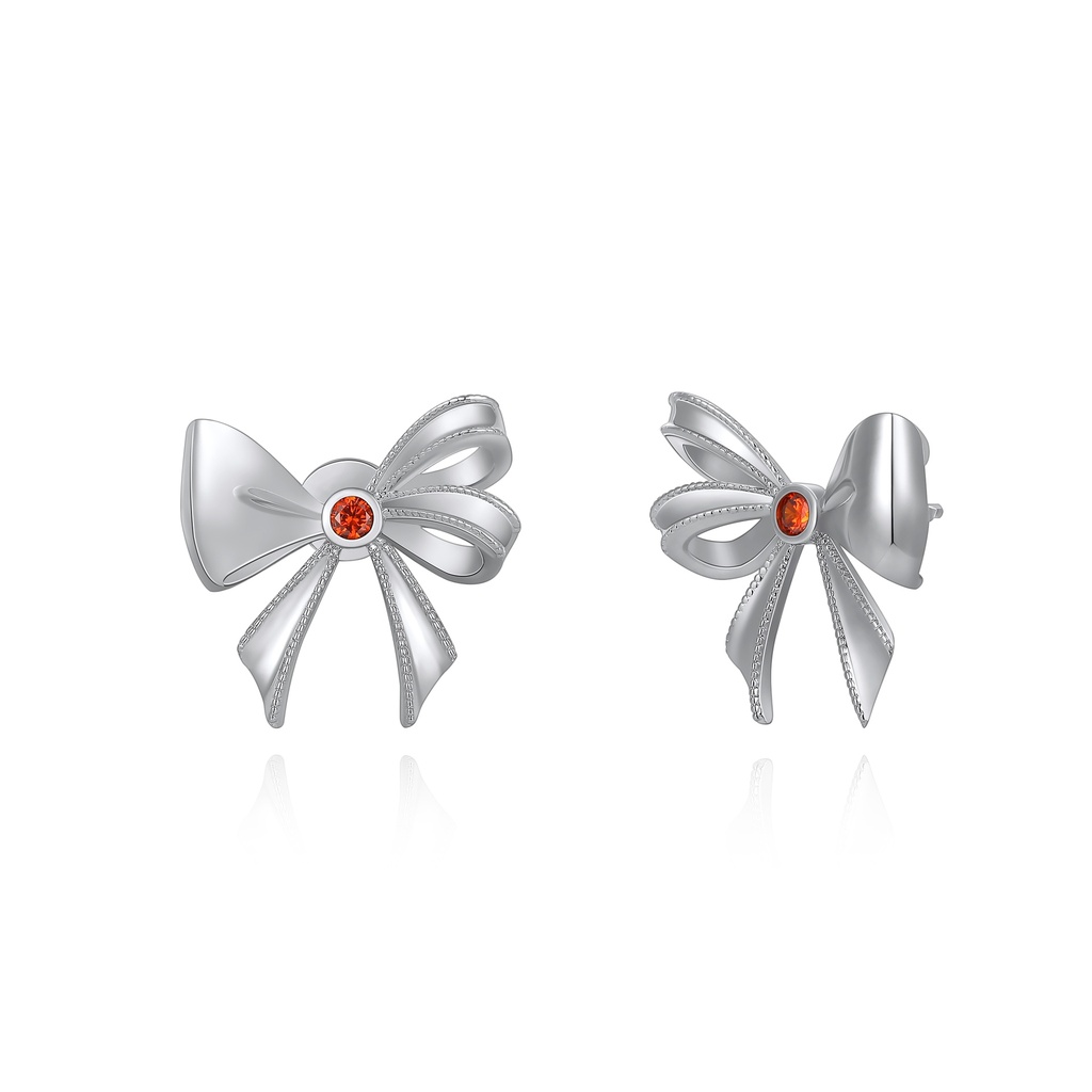 Silver Bow Stud Earrings with Red Center Crystal
