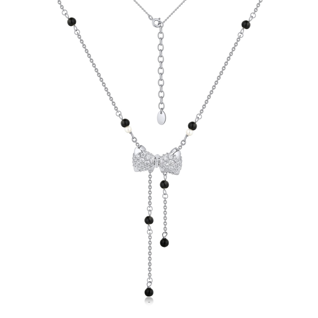 Silver Brass Bow Pendant Necklace with Black Beads