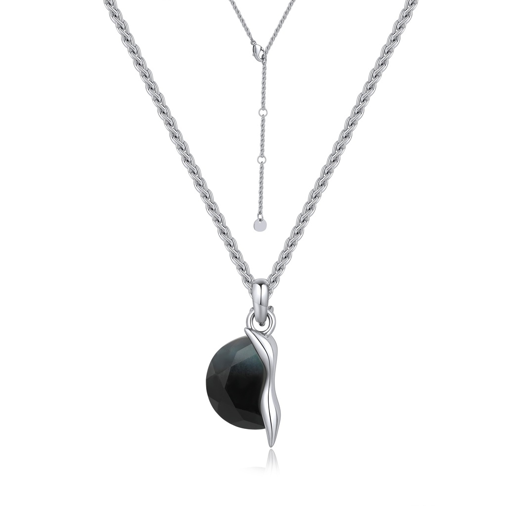 Silver Brass Necklace with Large Black Stone Drop Pendant
