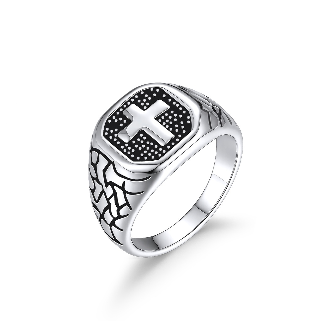 Bold Stainless Steel Ring with Cross and Textured Black Accents