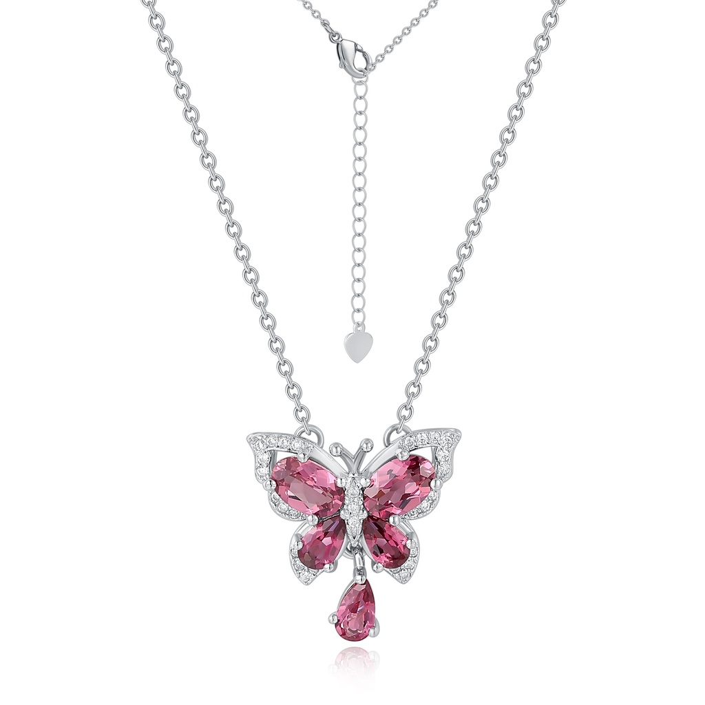 Silver Butterfly Pendant Necklace with Pink CZ and Sparkling Halo