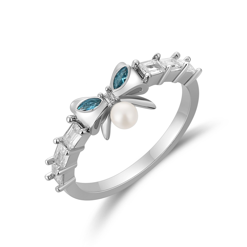 Silver Butterfly Ring with Blue Zircon and Pearl Accent
